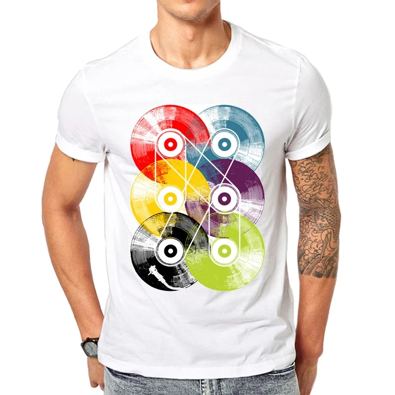 Fashion Retro Record/Wood Printed Men T Shirt Short Sleeve Casual T-shirt Hipster Fractal Pattern Tees Cool Tops