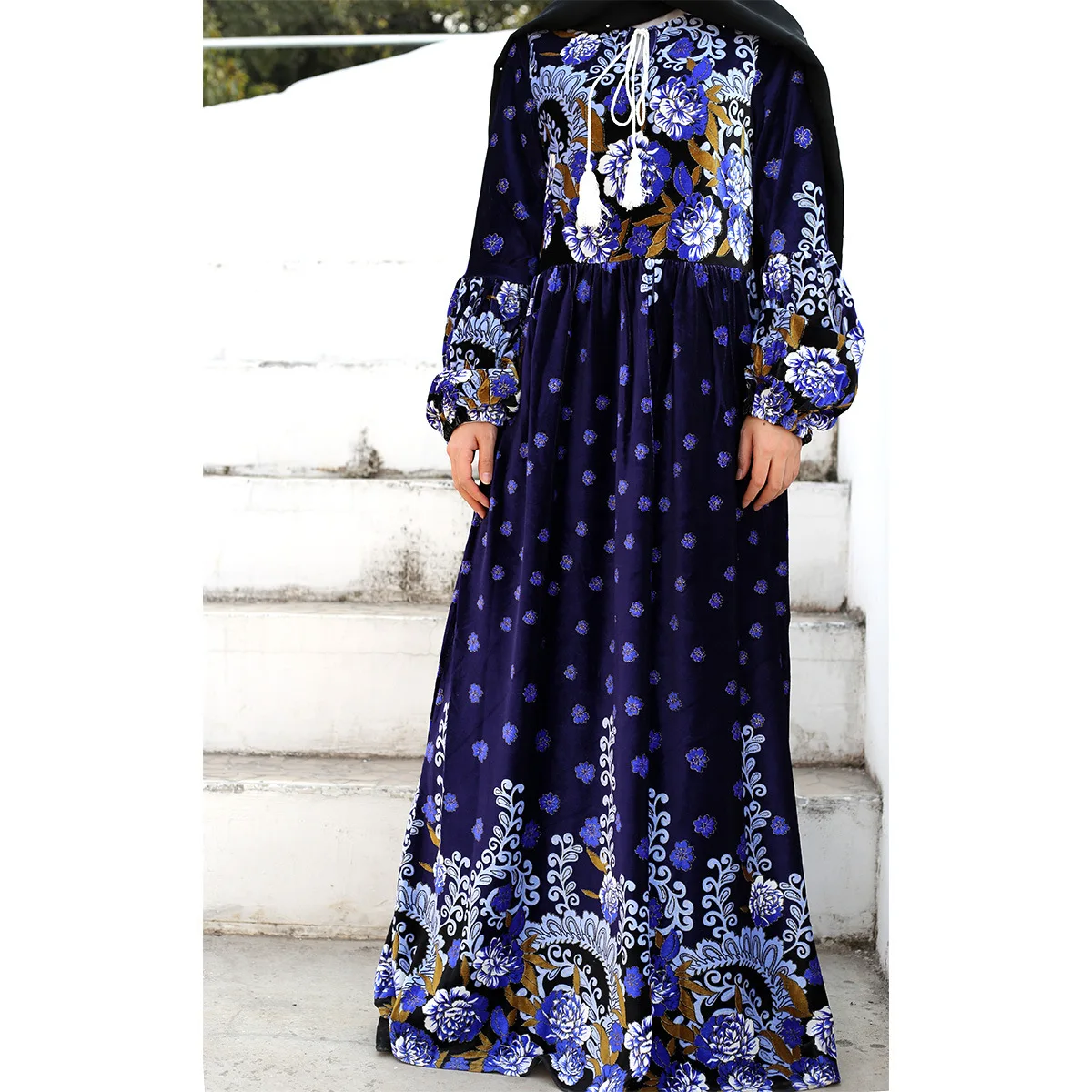 Plus-size Loose Dress for Women Corduroy Muslim Dress Women Autumn Winter Print Women Clothes Arab Turkish Dresses Abaya Dubai