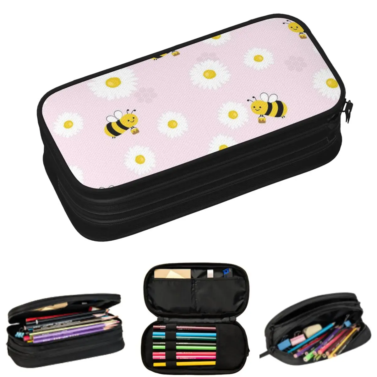 

Pink Background Cute Bee And Daisy Pattern Pencil Cases for Students School Pen Box Pencil Bag Big Capacity Pencil Pouch