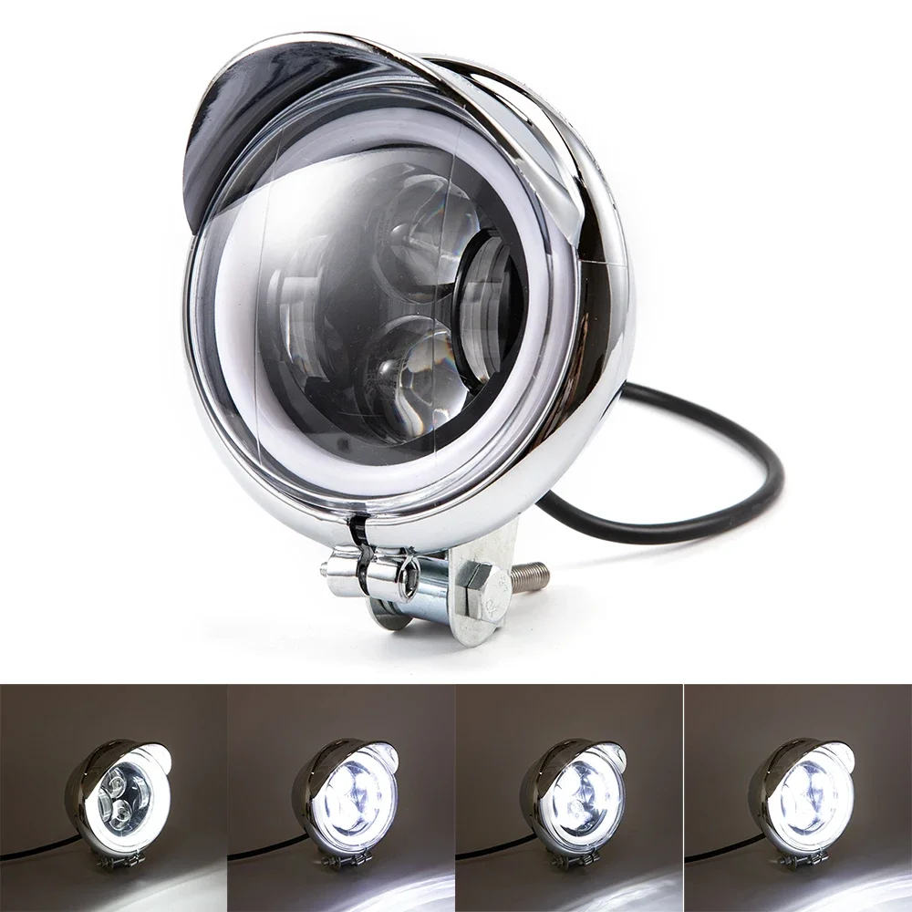 

Chrome Motorcycle Universal LED Spot Driving Light Angel Eye 12V Headlight Fog Lamp Headlamp For Cafe Racer for Honda Kawasaki