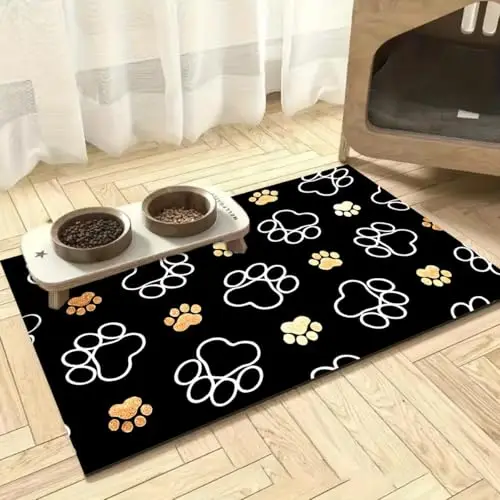 Bathroom Floor Mat Outlined White Paws Vibrant Golden Badges Printed Dual Mascot Footprints Solid Black Backdrop for Floor