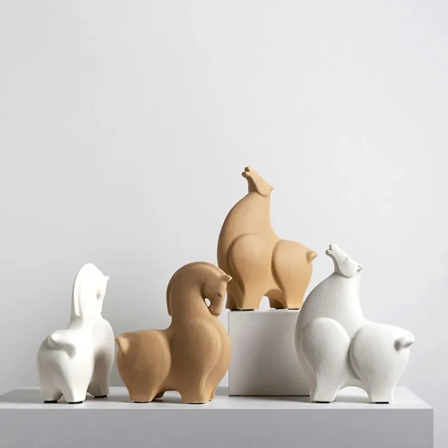 Retro Simple Ceramic Horse Ornament Modern Home Decoration Creative Porch European Crafts Black White Tabletop Sculpture Gift