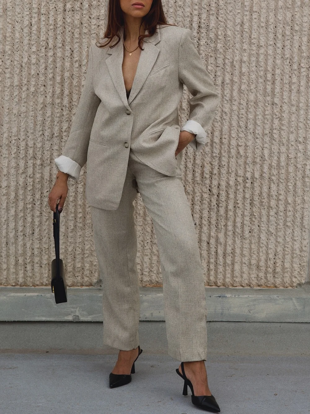 숙녀 새로운 레트로 투피스 오피스 리넨 혼합 양복 재킷 긴 바지 세트 어깨 패드 재킷 압연 바지 세트