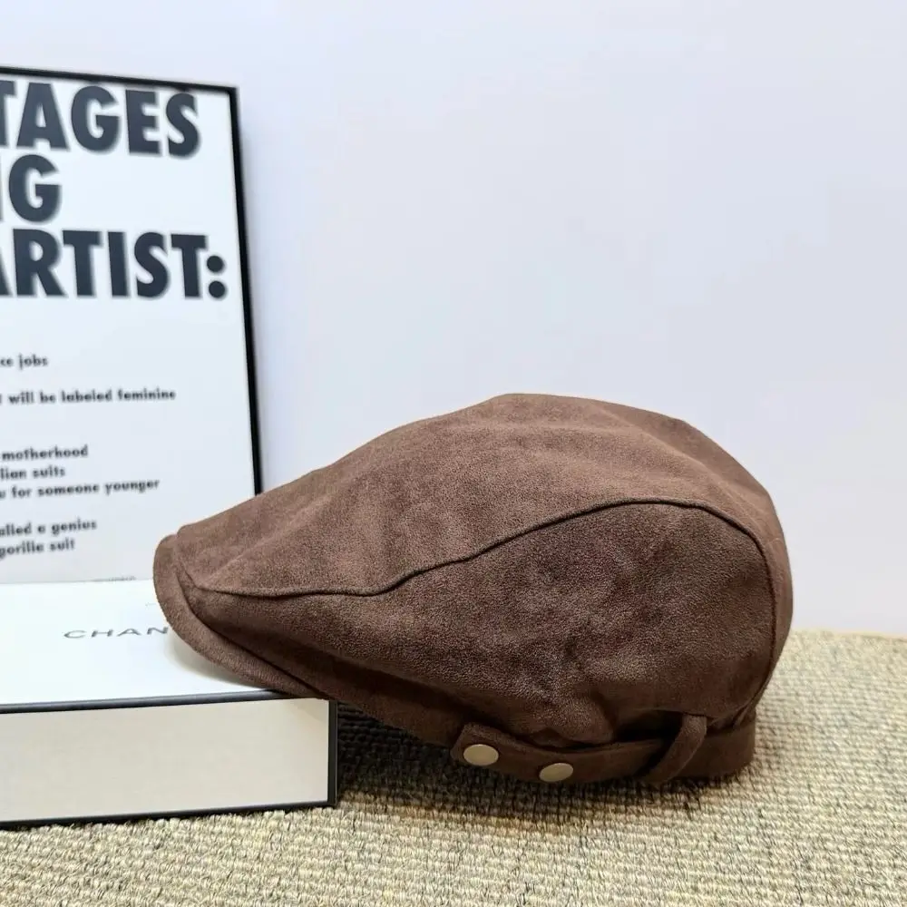 Versatile Metal Button Suede Beret Hats Slim Face Warm Newsboy Cap Vintage Adjustable Painter Beret Street Trend
