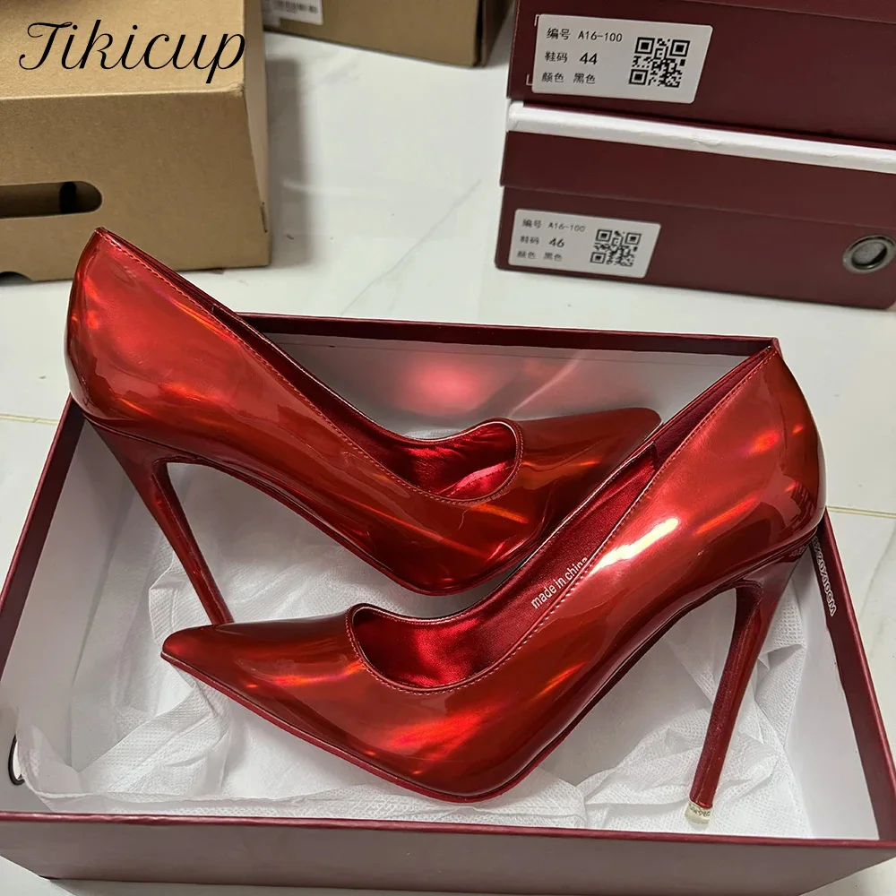 

Tikicup/Новое поступление, пикантные женские туфли на высоком каблуке 12 см, блестящие красные лакированные туфли с острым носком, элегантные туфли-лодочки на шпильке, свадебные вечерние модельные туфли