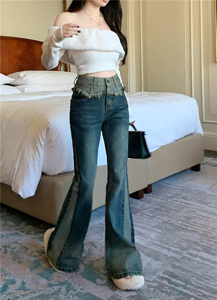 High-Waisted Retro Spliced ​​High-Sided Jeans Women Summer Slimming New Color-Blocking Casual Flared Trousers