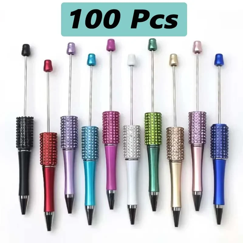 100Pcs Handmade Diamond Beadable Pen Bead Ballpoint Pen Ball Pen for Students Office School Supplies Mixed Colors Beads Pens