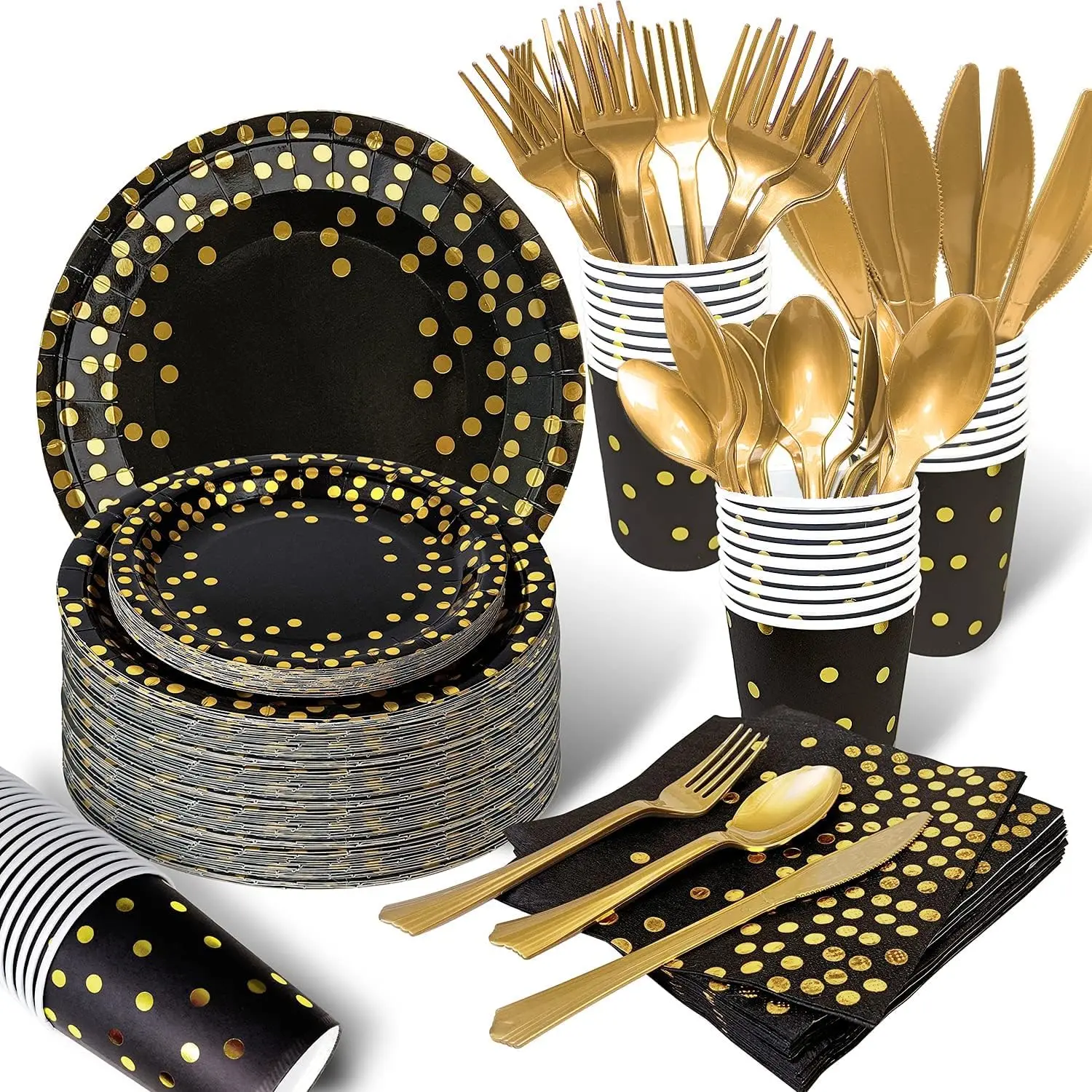 Schwarzes und goldenes Partyzubehör, gepunktete Platte, Einweg-Partygeschirr, schwarzer goldener Löffel, Gabel, Tasse, Tischdecke für den Abschluss – Detail 1