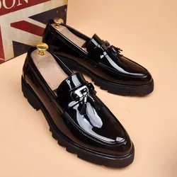 Mens summer breathable casual patent leather shoes slip on driving shoe balck stylish platform loafers business wedding sneakers