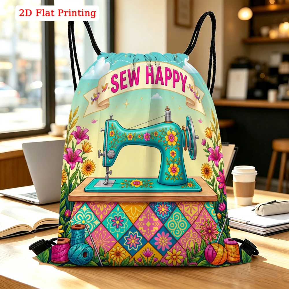 Sew Happy Floral Sewing Machine Drawstring Bag, Travel Shoe Bag, Fitness Sports Backpack, Outdoor