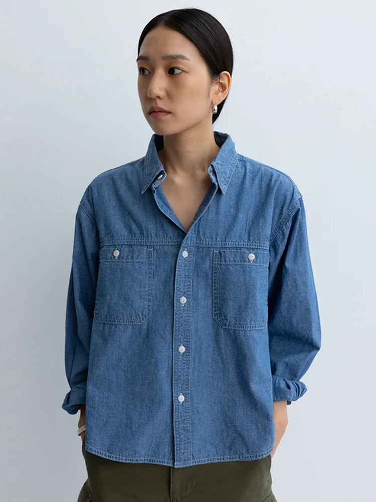 

Blue Denim irt Women's Loose Long Sve Vintage Sle Cotton Warm Street Faion Pure Color Button up Casual irt
