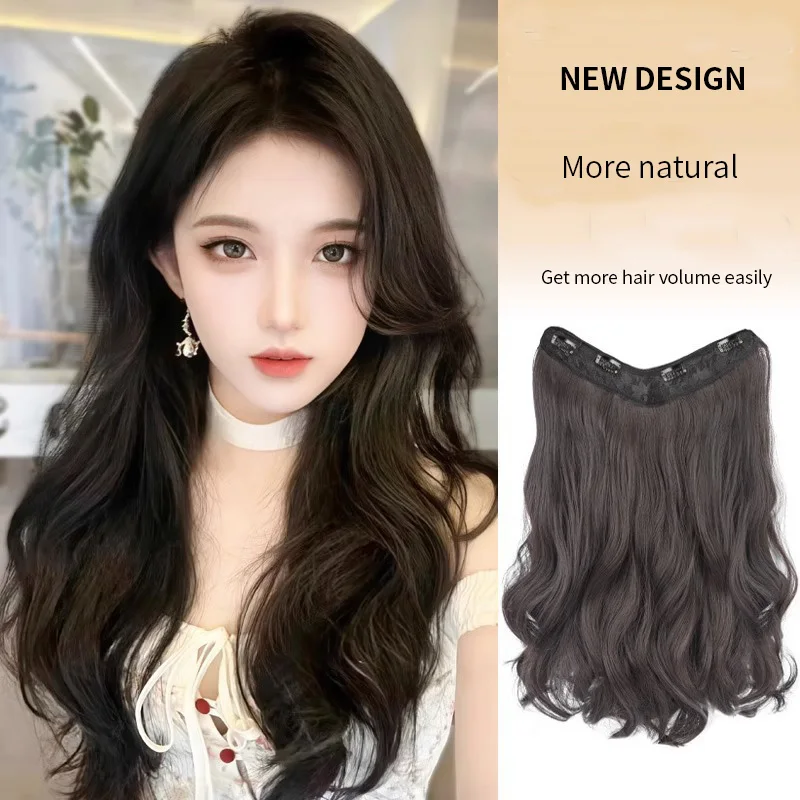 V-Shaped Clips Hairpiece Synthetic Hair piece Wavy Curly Natural Black Brown Color High Temperature Fiber hair Extensions