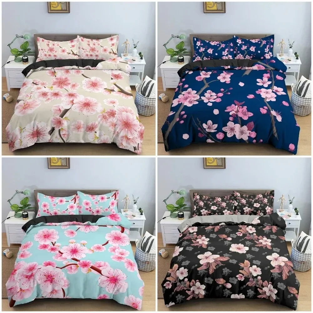 

Beautiful Cherry Blossoms Pattern Bedding Set Bedroom 3D Flowers Scenery Duvet Cover Set Pillowcase King Double Twin Bedclothes