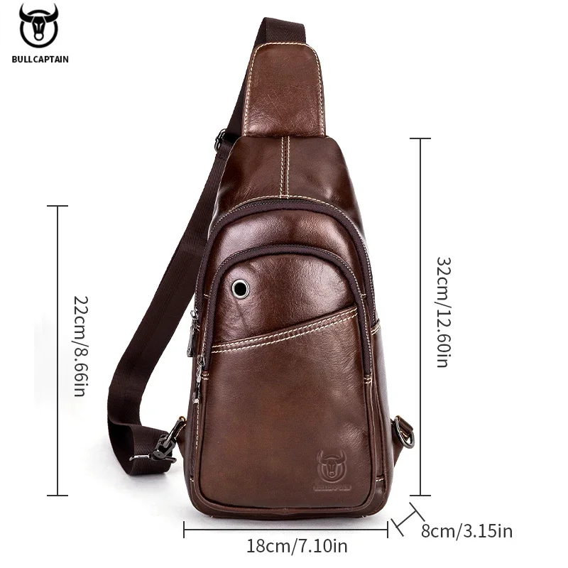 BULLCAPTAIN-Bolso de pecho de cuero genuino para hombre, bandolera multifuncional de 8 pulgadas, gran capacidad, Retro, para Habitación individual