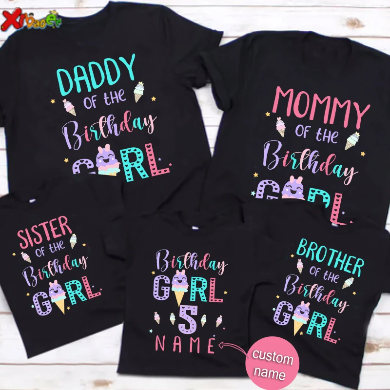 Girls Family Matching Outfits Ice Cream Birthday Shirt Party Clothes Custom Name Tshirt Onesie Outfits Kids Toddler Youth Adult