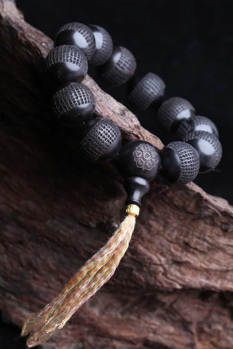 Echte natürliche schwarze Holzperlen aus tibetischem Ebenholz, 20 mm mm, Gebetsmühle, Armband für Herren, klassisch – Detail 4