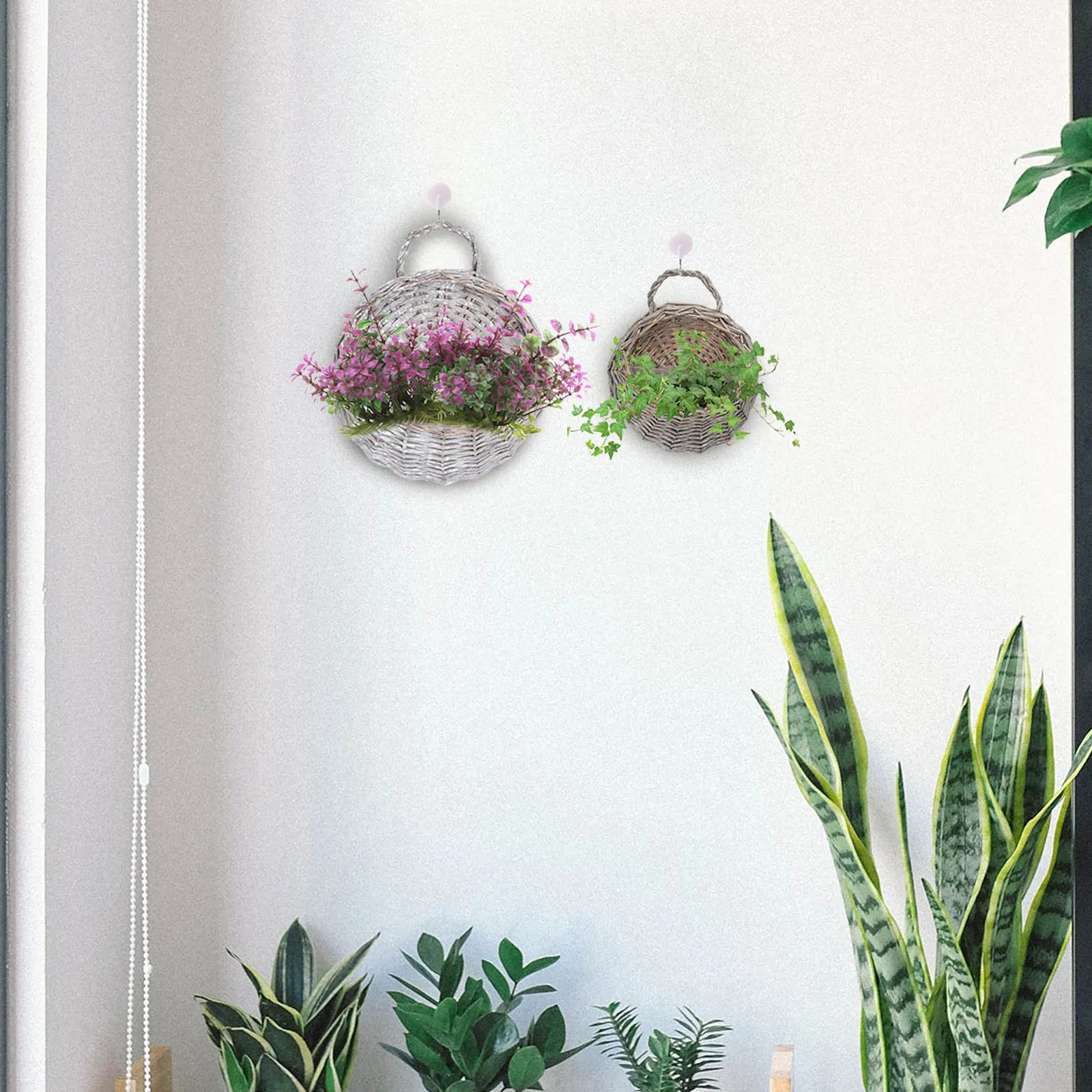 

2 pcs Grey Straw Willow Wicker Hanging Basket For Artificial Plants Storage Rattan Flowerpot Home Garden Decor Hanging