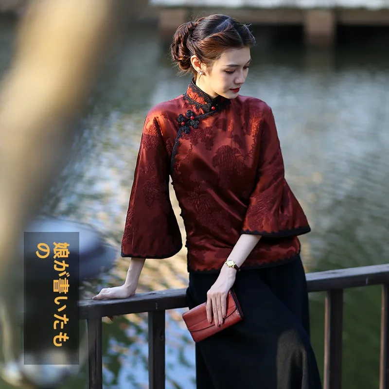 

Шелковый топ с хлопковой подкладкой, большие подошвы для осенней и зимней одежды от Lady Writer в традиционном китайском стиле