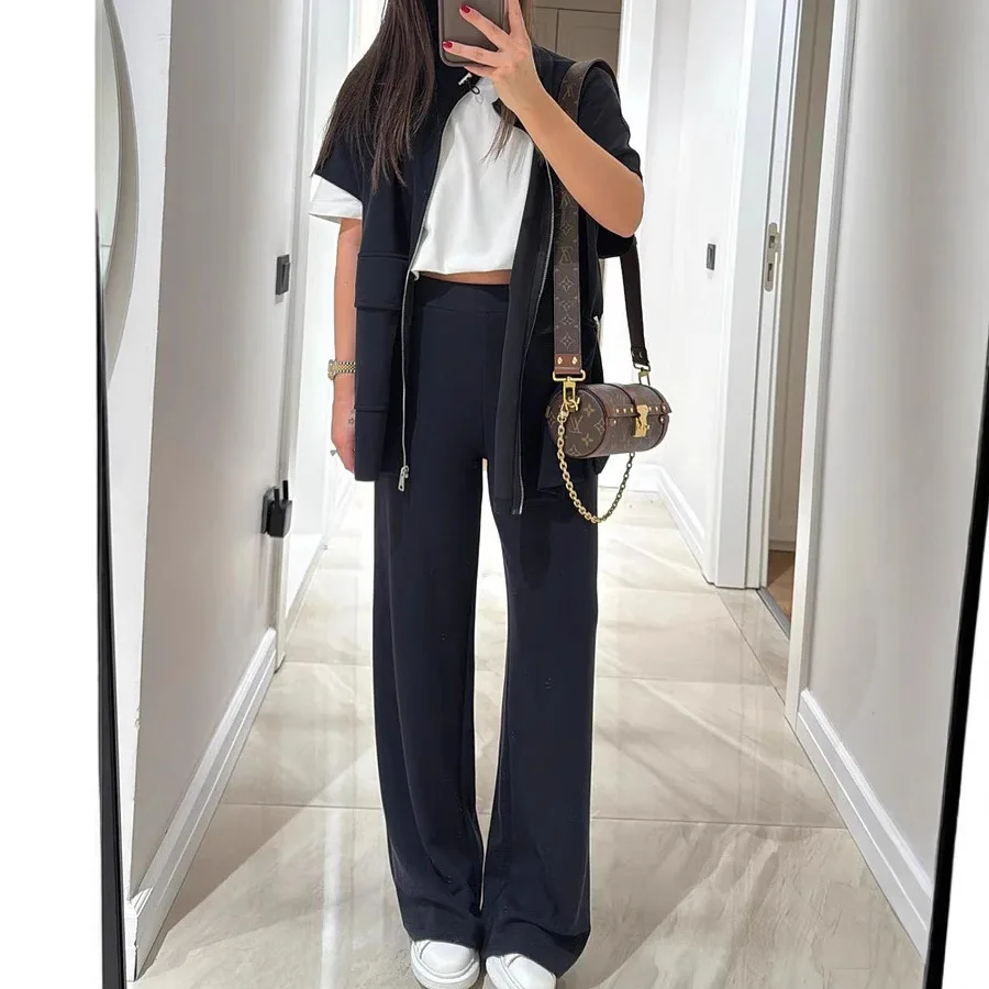 Setelan Celana Panjang dan Sweatshirt Wanita Warna Solid Kasual Longgar dengan Kantong untuk Musim Gugur dan Musim Panas 2025 Gaya Eropa dan Amerika