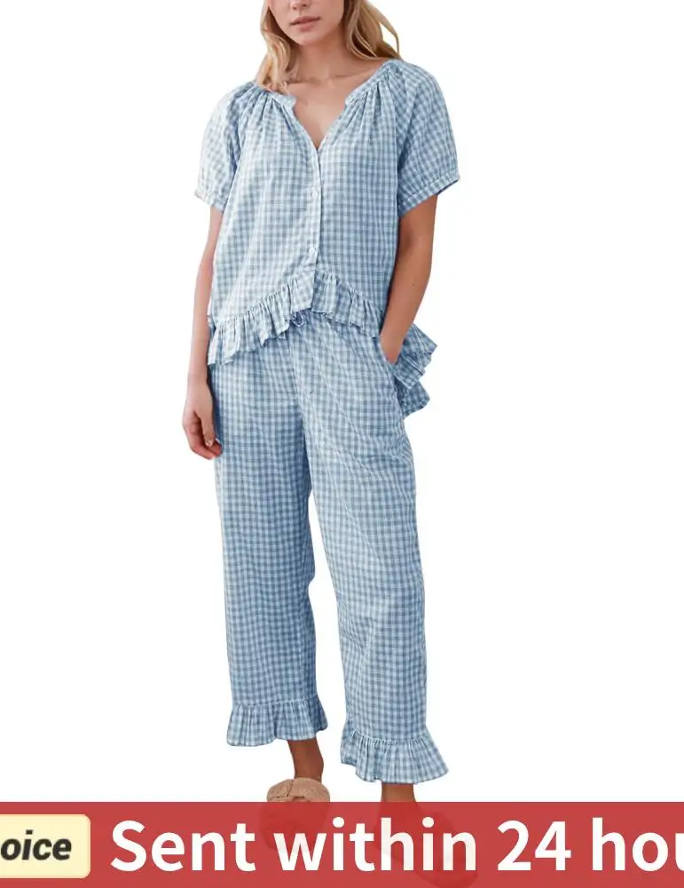 

Womens Gingham Pajama Set Y2k Short Sleeve Babydoll Shirt and Pants Plaid 2 Piece Pajama Set Cute Sleepwear for Home