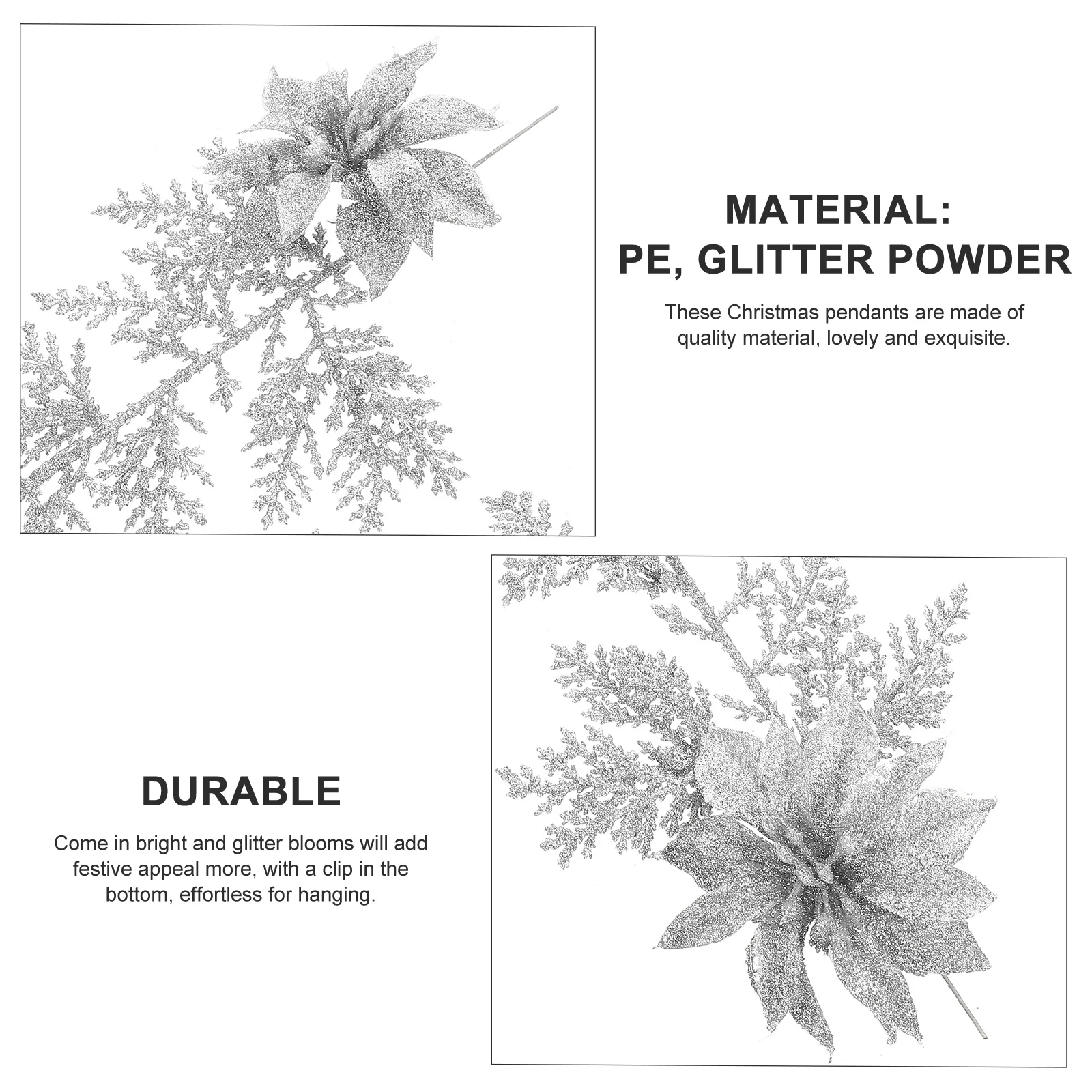 

6Pcs Christmas Artificial Flowers Glitter Pine Branches Clip Christmas Tree Hanging Pendant Table Setting Decor Xmas Wreath