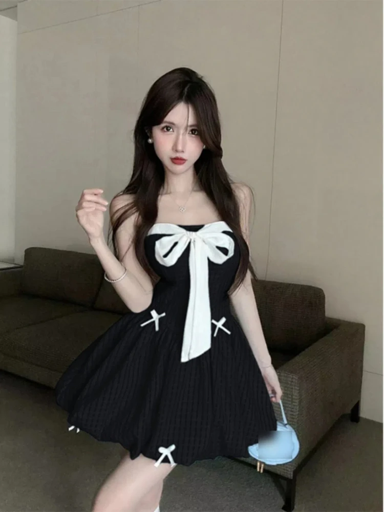 2024 Summer New Korean Edition Pure Desire Sexy Temperament Sweet Bra Bow Puff Dress Princess Bubble Short Skirt