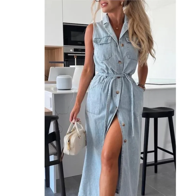Damen Jeans-Maxikleid mit hoher Taille, ärmellos, Streetwear, einreihig, elegant, einfarbig, für Frauen
