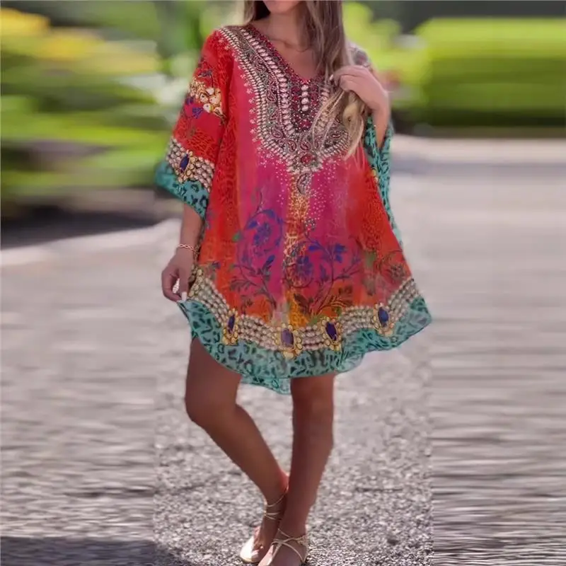 

Spring 2025 Loose Printed Women's irt V-ne Ethnic Sle Faionable Cover up Top PU Material Thin Seven Sve Length