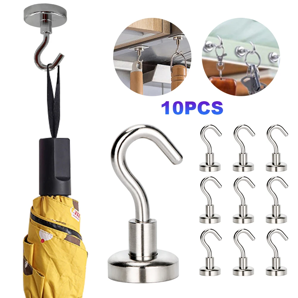 

10Pcs Strong Magnetic Hooks Punch free Practical Load Bearing Hook Thick Wall Storage For Indoor Outdoor Home Kitchen 2/12/34kg