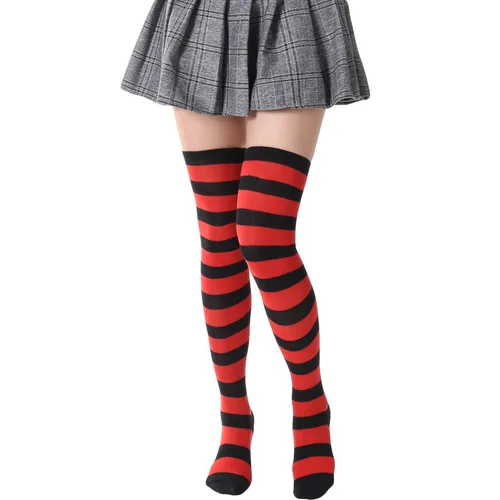 JK-medias de Cosplay para mujer, calcetines largos de Lolita con tiras negras y rojas, calcetines hasta el muslo por encima de la rodilla, calcetines de compresión para mujer