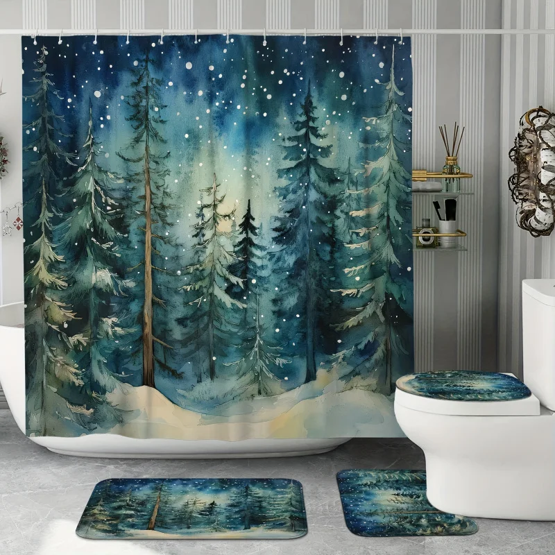 Winter Forest Shower Curtain Set with Non-Slip Bath Mat, U-Shape Toilet Lid Cover, and Curtain Hooks - Water-Resistant Polyester