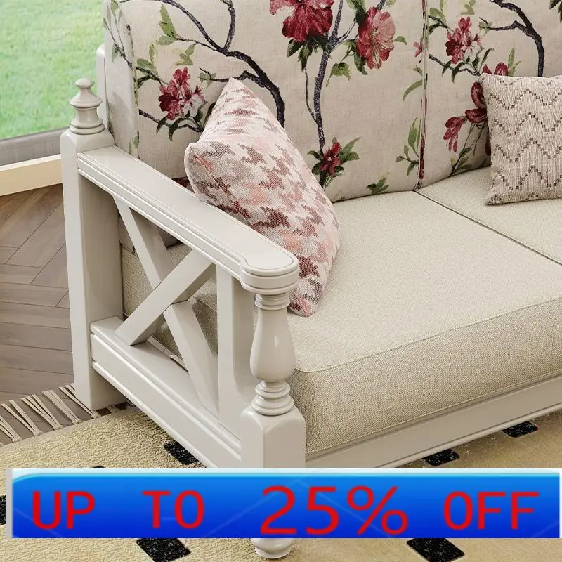 

LMM American sofa solid wood white fabric retro small beauty rural small apartment living room furniture