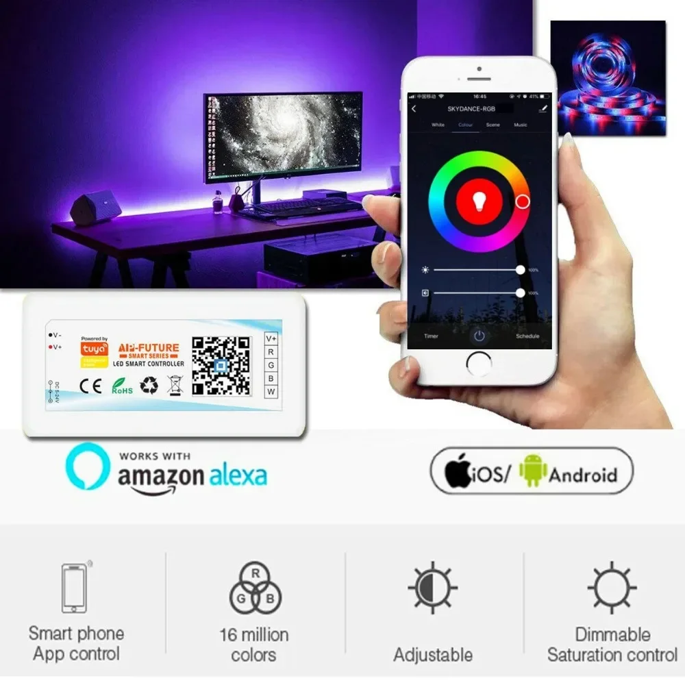 DC12-24V Tuya WiFi LED Strip Controller 30A DIM/CCT/RGB/RGBW 5050 COB LED Light Dimmer Smart Life Voice Control for Alexa Google