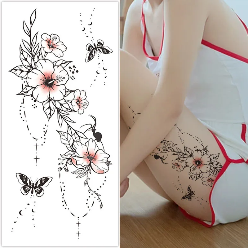 Pink flower butterfly sexy abdomen, leg and buttock realistic tattoo sticker, colorful butterfly waterproof disposable sticker