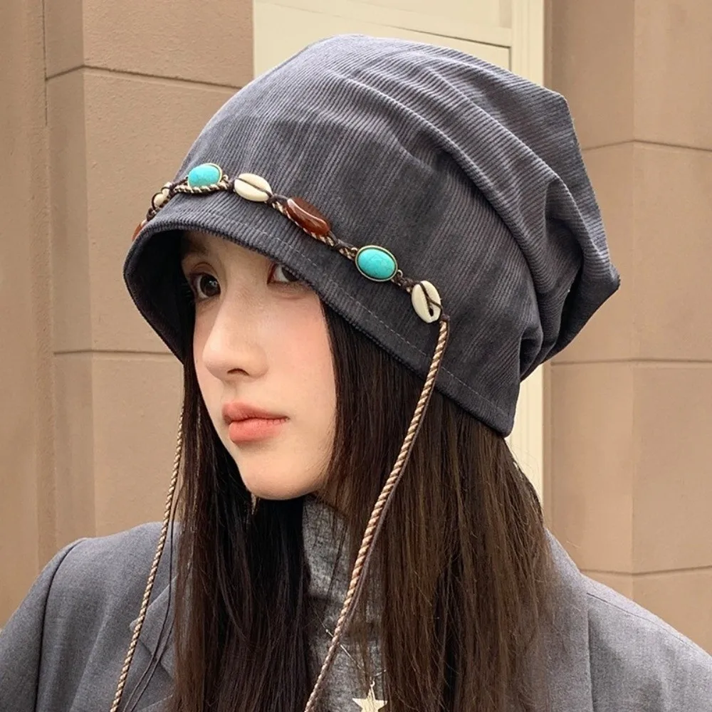 

Fashion Beaded Decor Y2k Baggy Cap Korean Style Versatile Beanies Cap Warm Ethnic Style Pullover Hats Streetwear