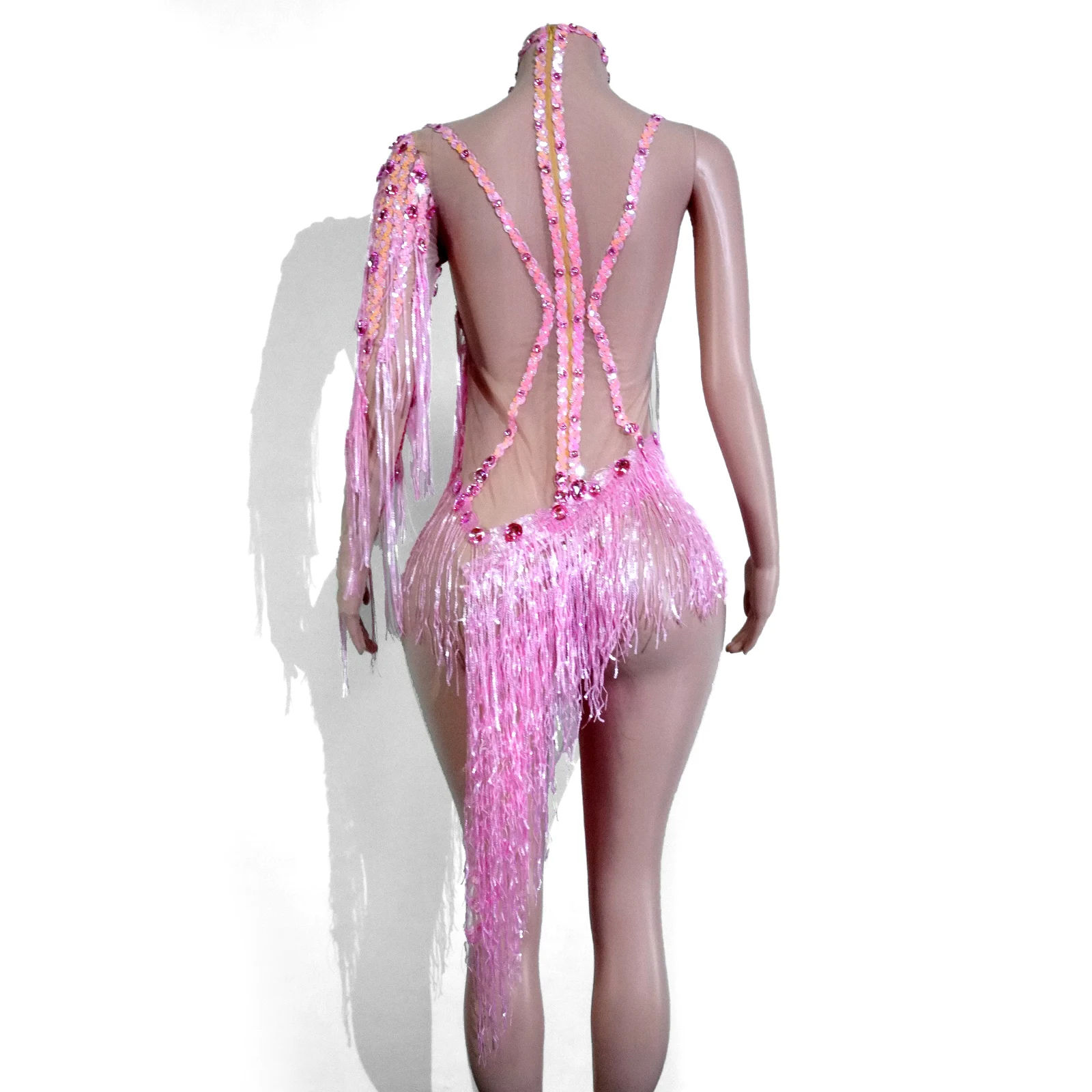 Sexy Mesh See-through Pink Rhinestones Fringe Dress Stage Latin Dance Singer Birthday Party Skirt Nightclub Drag Queen Outfit