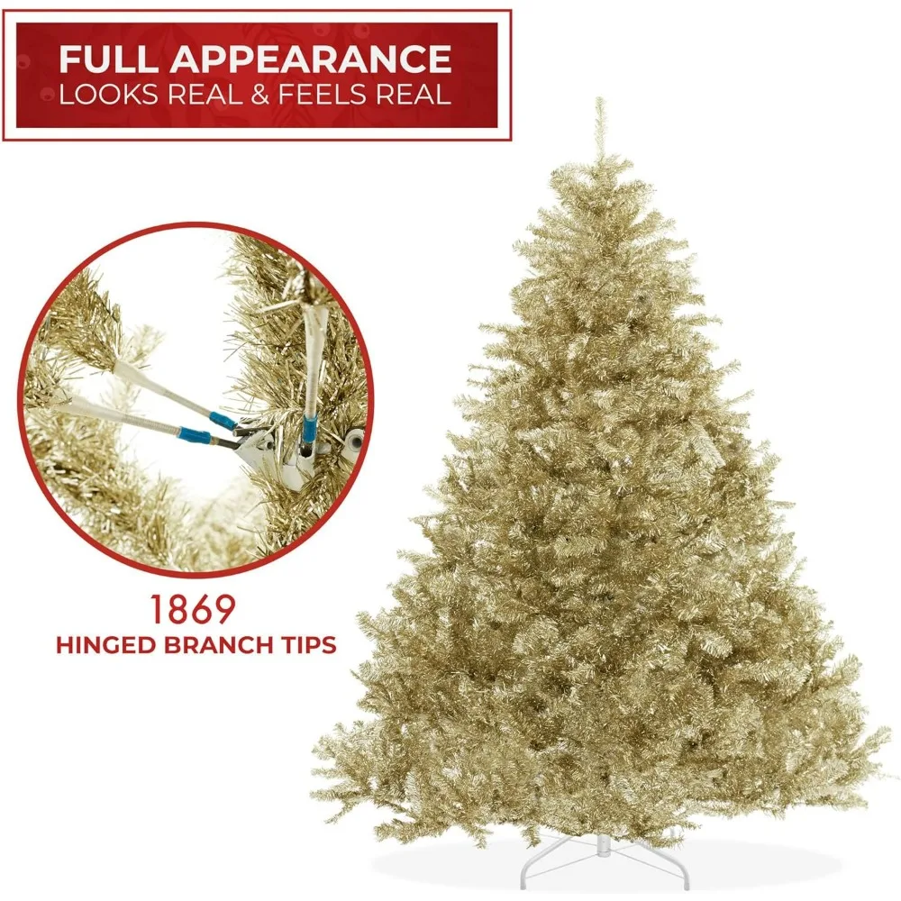 7.5FT Champagne Gold Tinsel Artificial Holiday Christmas Tree with Sturdy Metal Stand  This true-to-life 7.5-foot tree contains