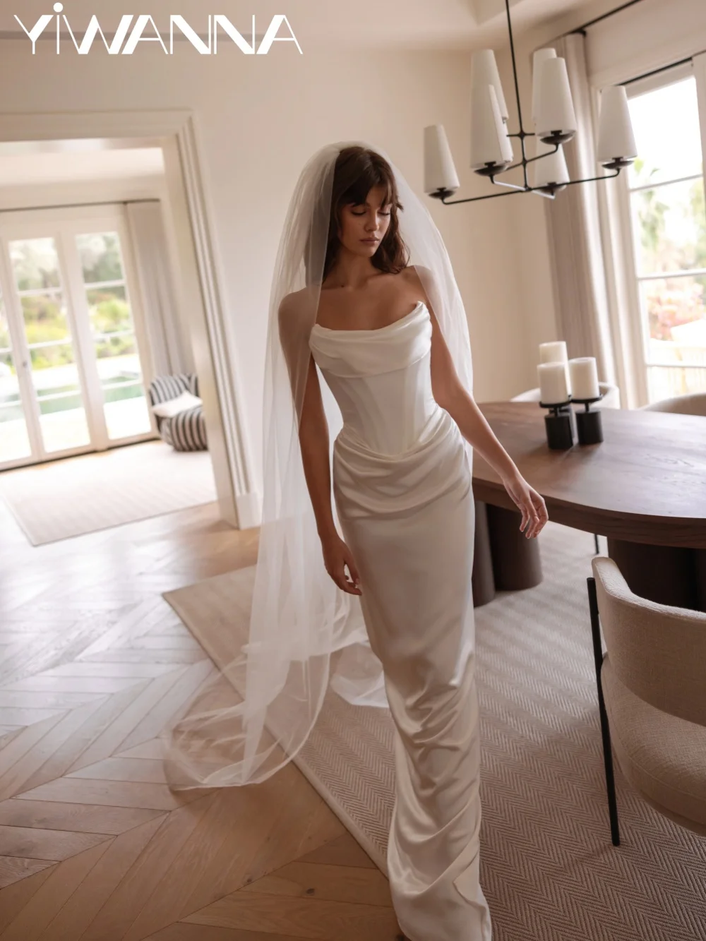 

Pleated Satin Sheath Long Wedding Dress Elegant Classic Strapless Bridal Gown Customized Dreamy Sleeveless Dresses For Bride