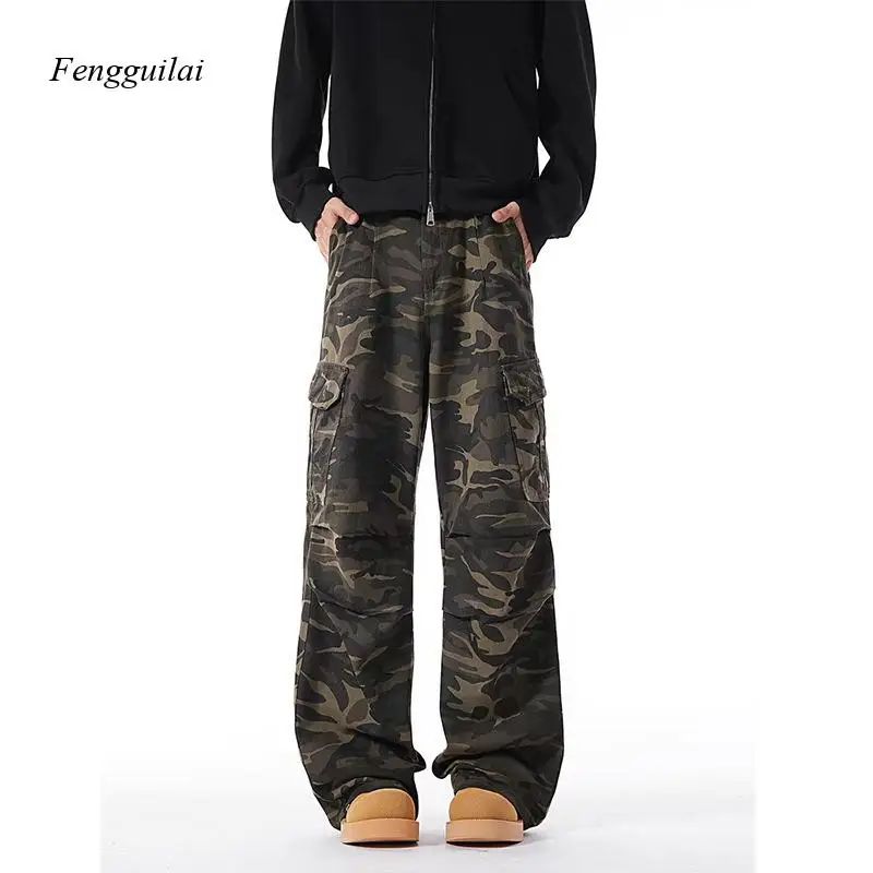 

Vintage Camo Wide Leg Cargo Pants Men's Relaxed Fit Camouflage Workwear Trousers, Casual Street Style Baggy Pants