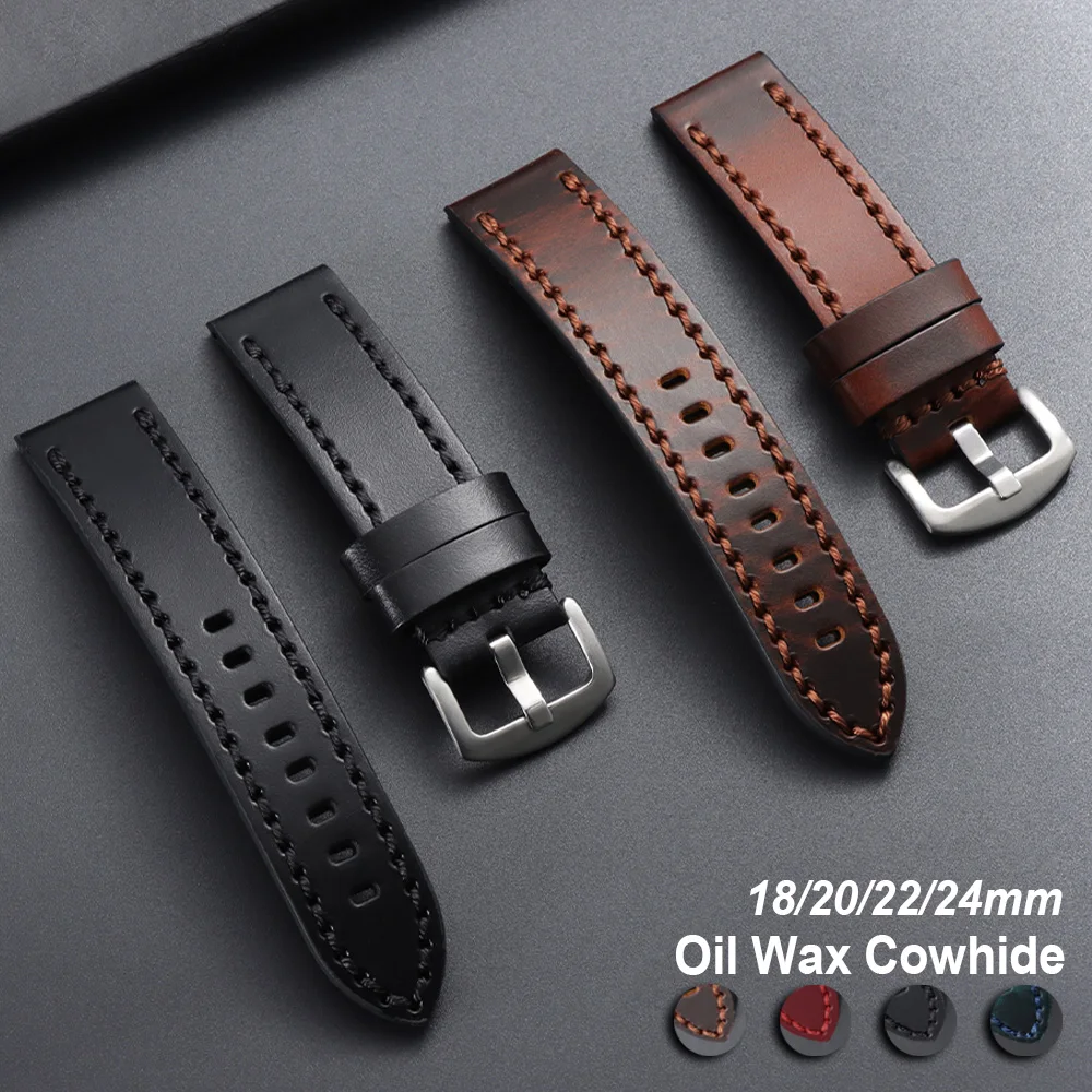 

Vintage Oil Wax Cowhide Watch Strap 18mm 20mm 22mm 24mm Watch Bands Brown Black Genuine Leather Bracelet Men Women Wristband