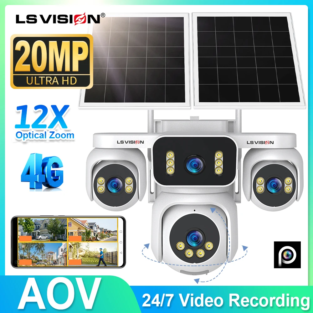 

LS VISION Четырехэкрана AOV 4G Облачная SIM-камера Солнечная камера Уличная 4-объективная PTZ 12-кратный зум 24/7 Камеры видеонаблюдения для записи видео