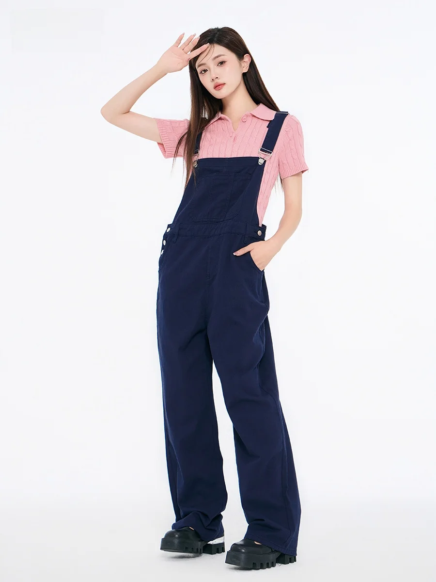 Nanyan Faionable Koreańskie Ogrodniczki z Wysokim Stanem, Proste Nogawki, Bawełniane Spodnie Damskie, Kombinezon Modny i Uniwersalny