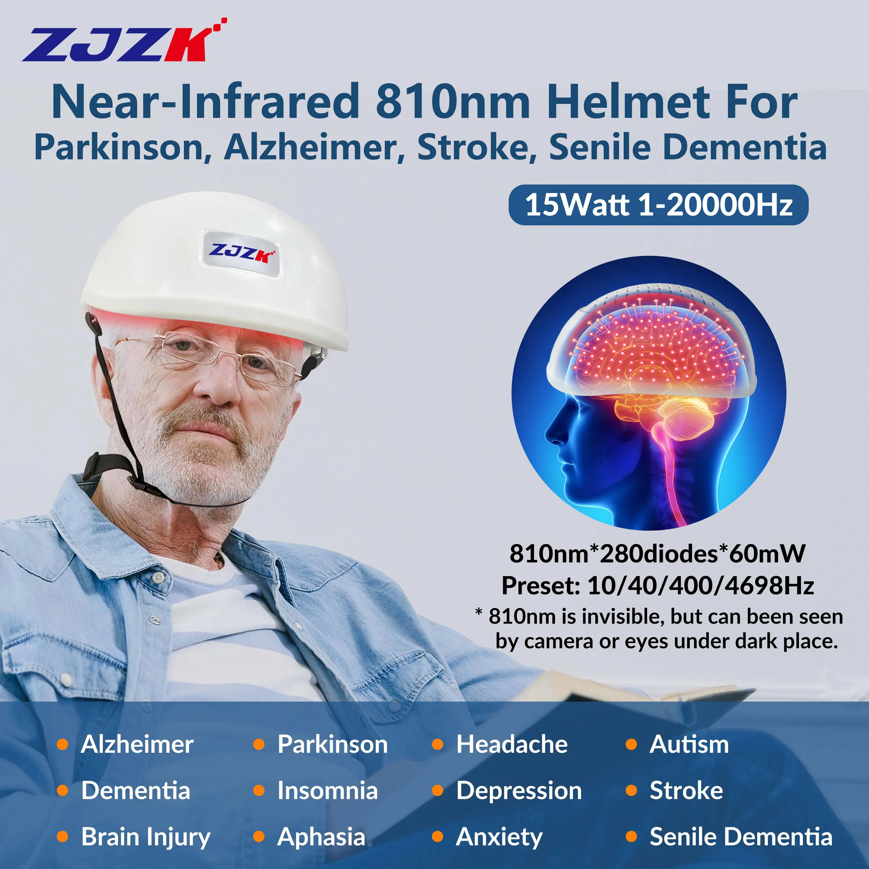 ZJZK Brain Fog Fix Infrared Led Gifts For Parkinson Patients 810nmx280diodes Traumatic Brain Injury Traumatic Brain Injury