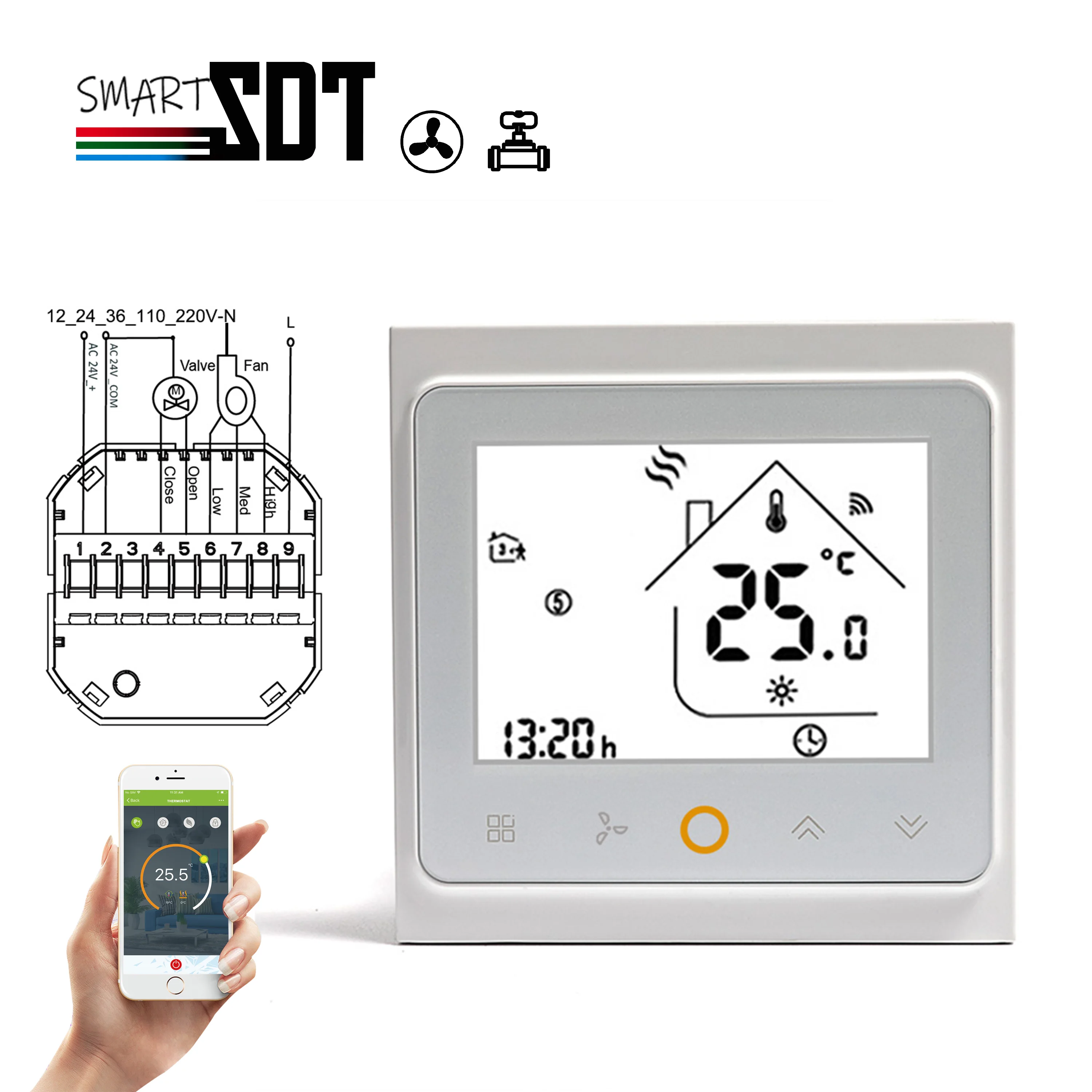 24V RS485/WiFi Valve Thermostat For Dry Contact/Passive,3-Speed Fan Coil,Heat/Cool Adjust