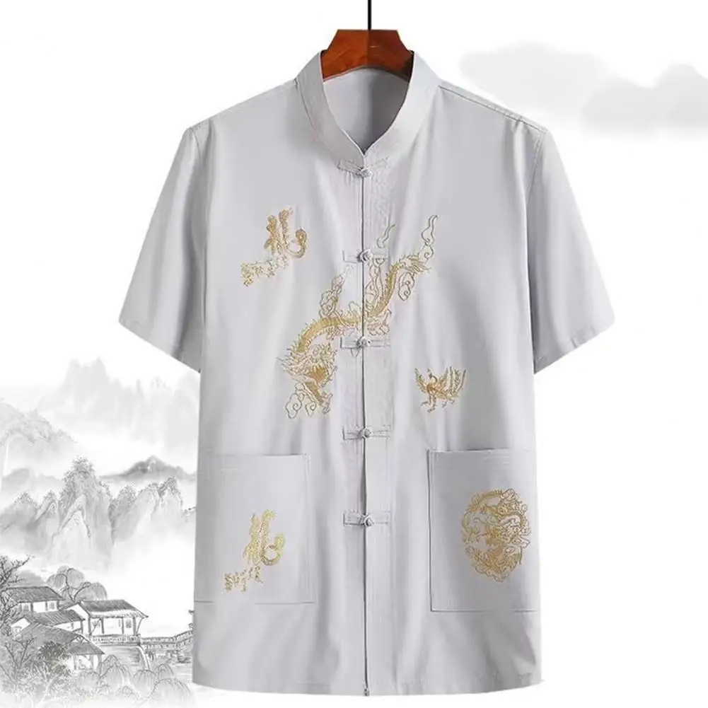 Chinese Style Shirt Men\'s Chinese Traditional Linen Tang Shirt with Hand Plate Buckle Design Comfortable Stylish for Oriental