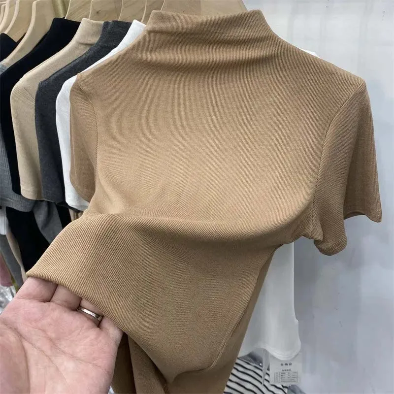 Threaded Short Sleeves Women T-shirts Summer New 2023 Turtleneck Solid Slim Elastic Long-sleeved Female Buttoming Pulls Top Tees