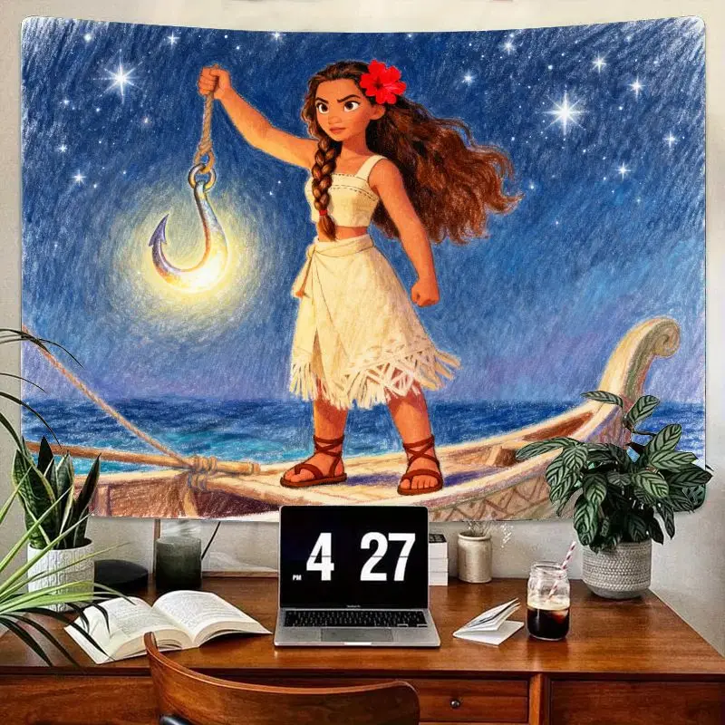 

1 шт. Фэнтезийный гобелен Disney Moana, настенное искусство Starry Night Ocean Adventure, яркий полиэстер, домашний декор для детской комнаты и подарка