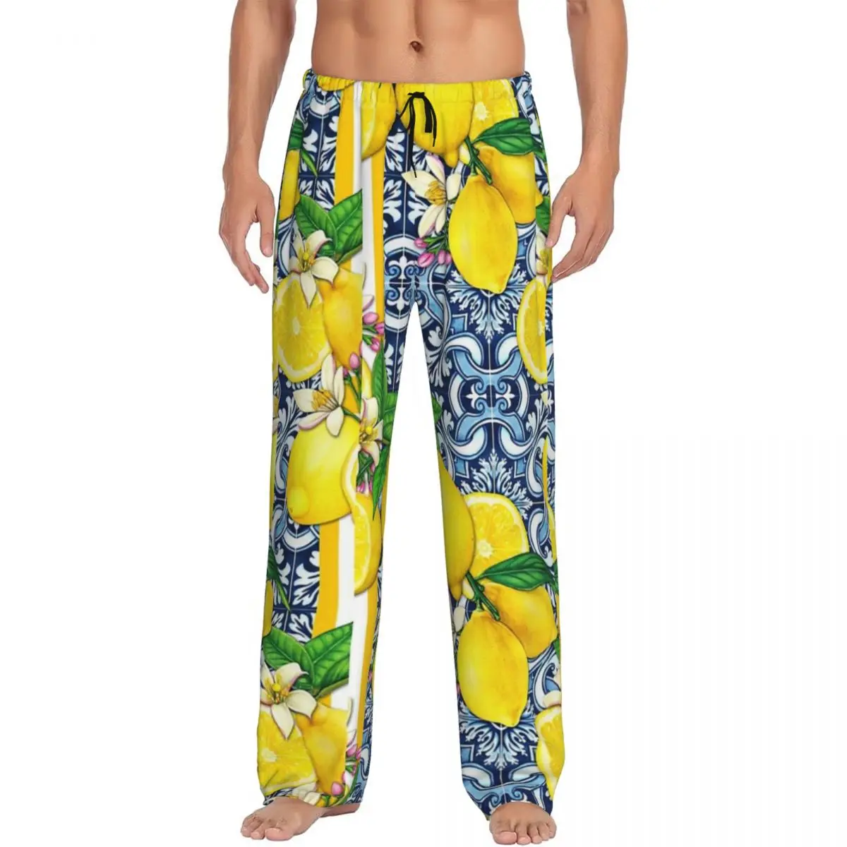 Custom Lemon Sorrento Style Tile Pillow Pajama Pants Men Sleepwear Sleep Lounge Bottoms with Pockets