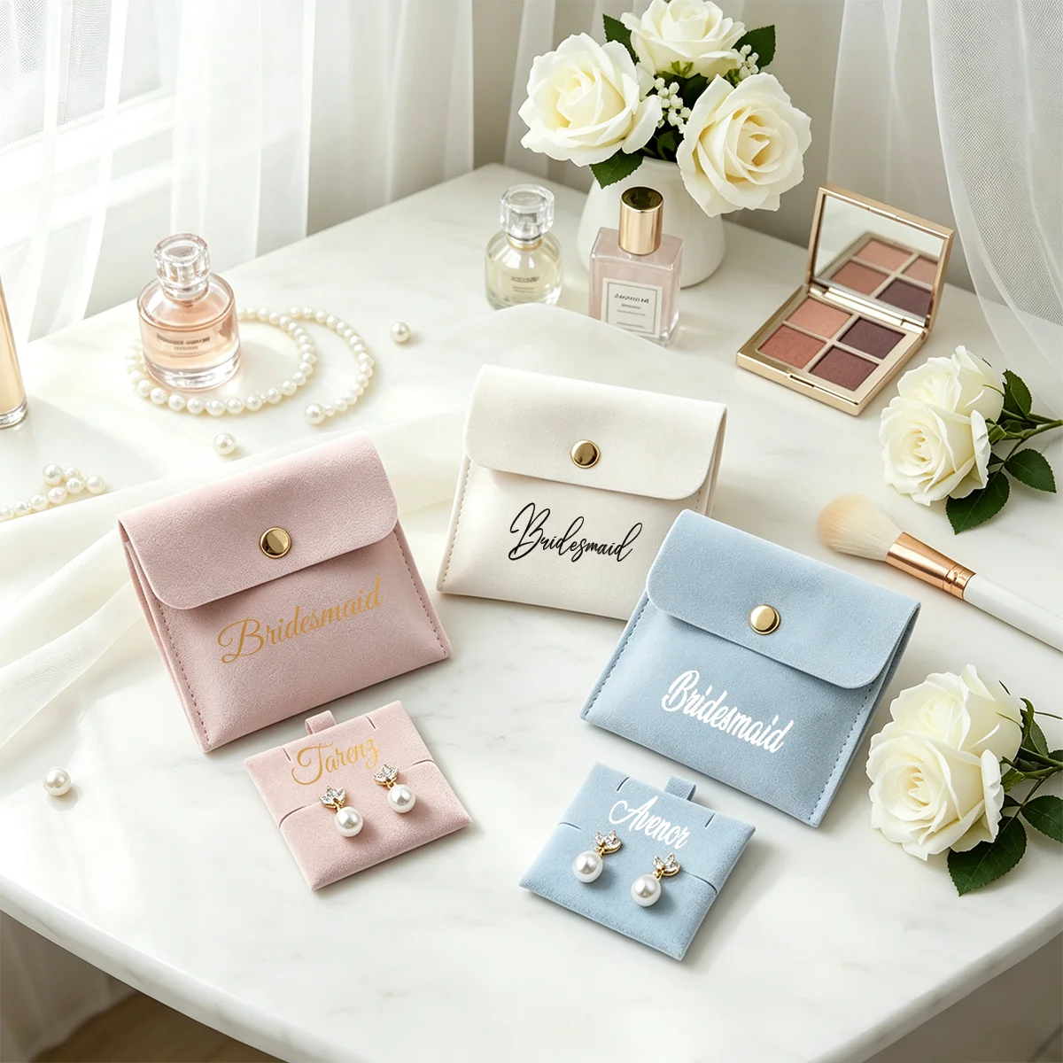 Customizable Snap Jewelry Pouch Multi-color Options Personalized Text Earring & Necklace Storage Bag Bridesmaid Gift Jewelry Bag