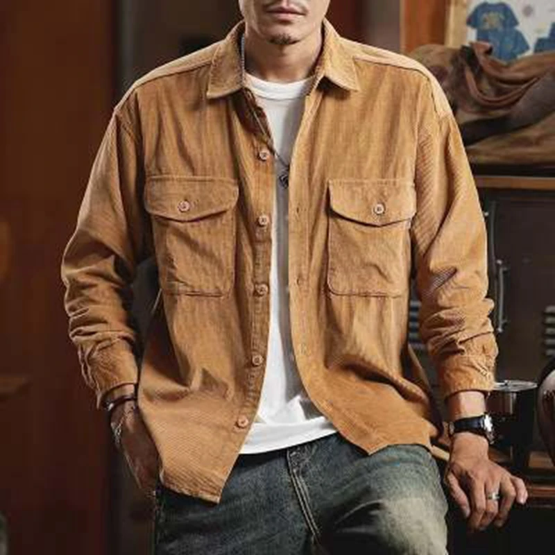 

Весенняя новинка: мужская рубашка в японском ретро-стиле с длинным рукавом, отложным воротником, из тканого вельвета, простая, из хлопка, с эффектом потертости, с двумя карманами, повседневная, для молодежи